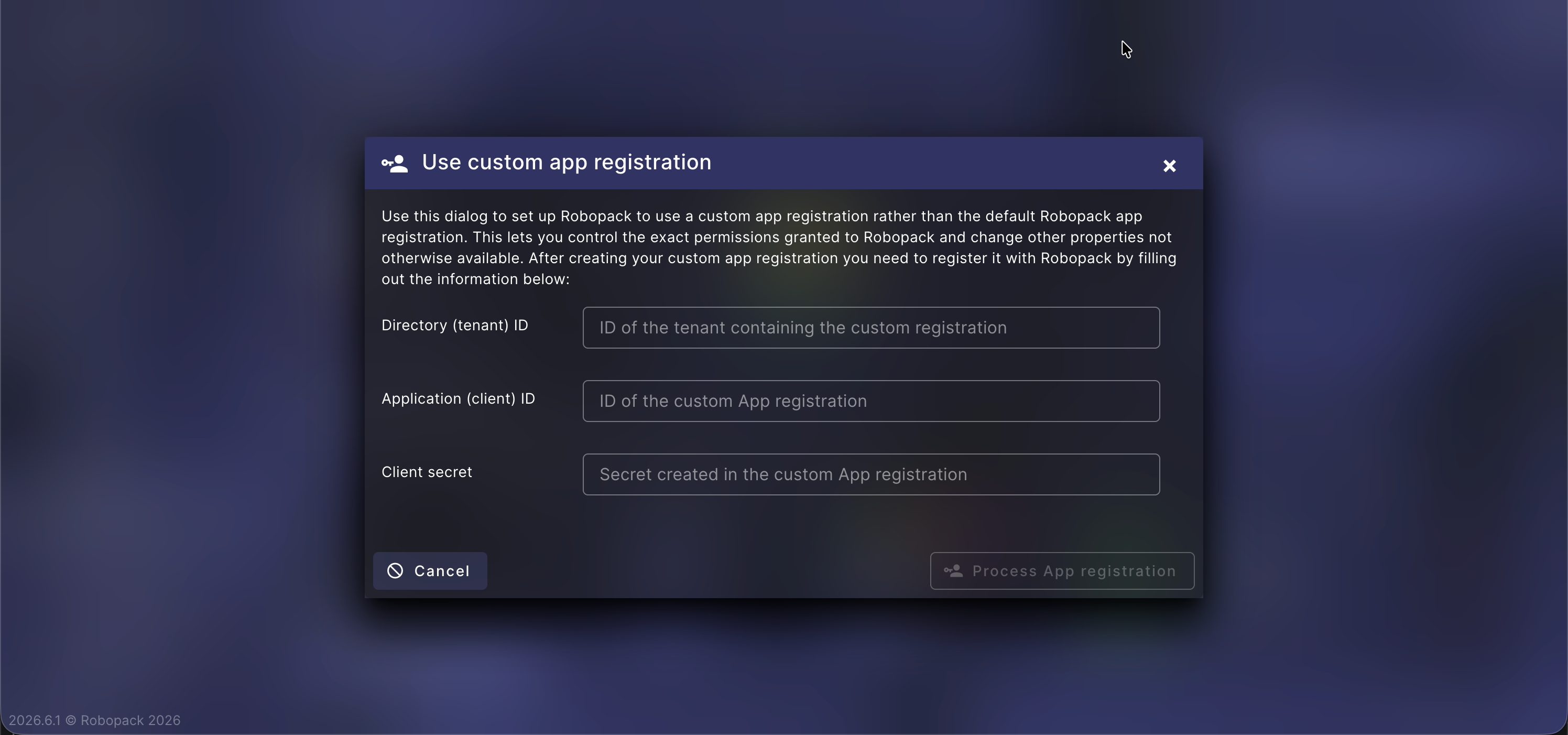 Use custom app registration dialog with Directory tenant ID, Application client ID, and Client secret fields