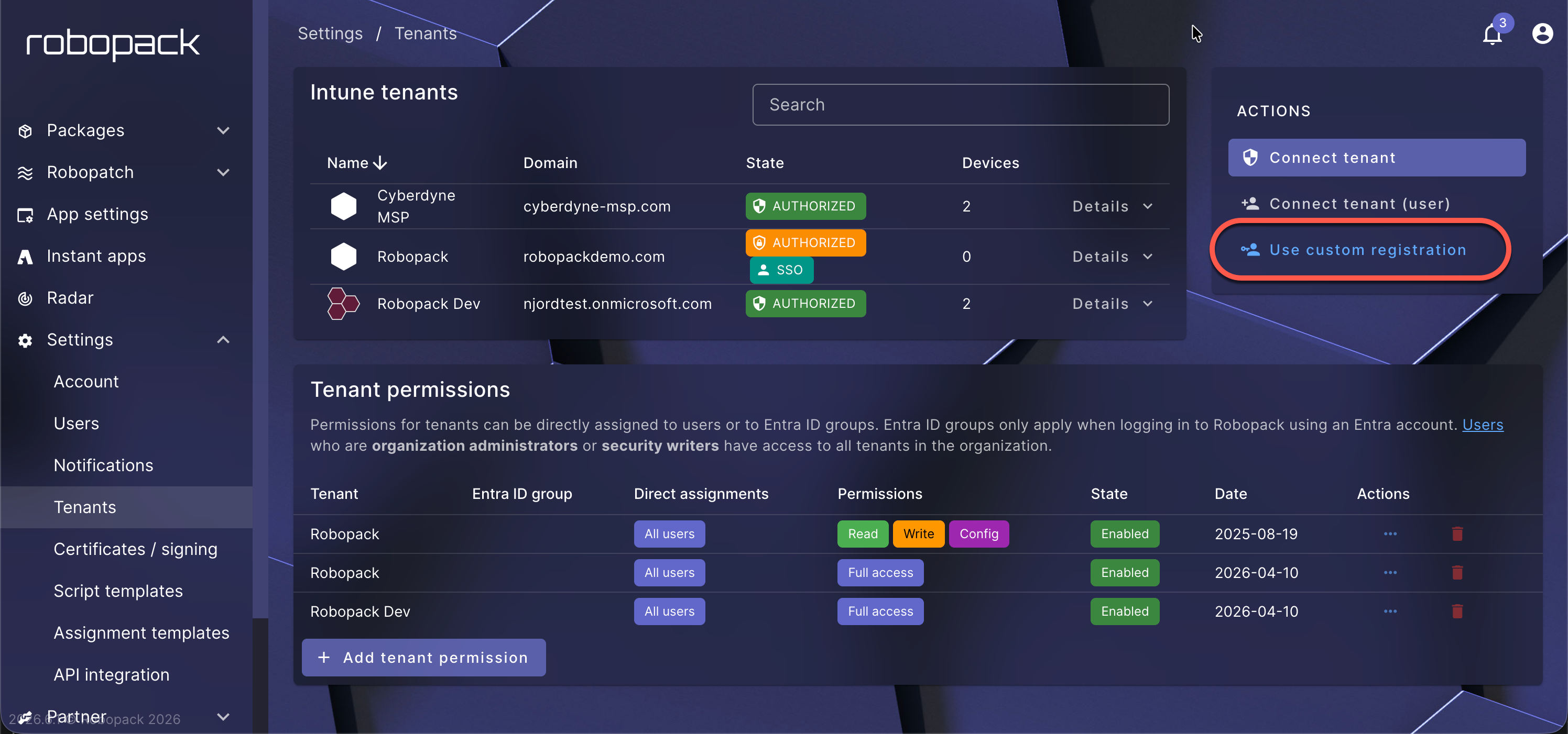 Robopack Settings, Tenants page with the Use custom registration action in the Actions panel