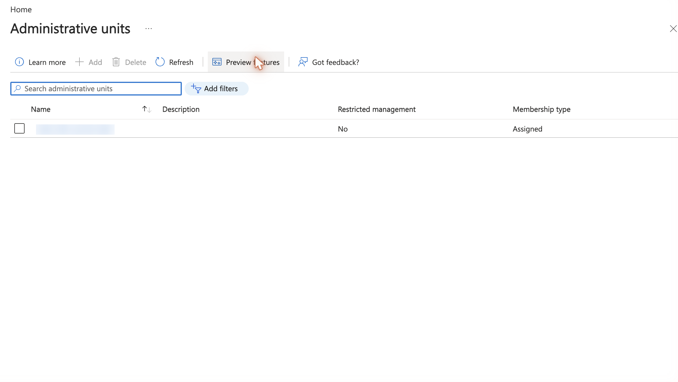 Administrative units list in Microsoft Entra with the Add button and one existing unit