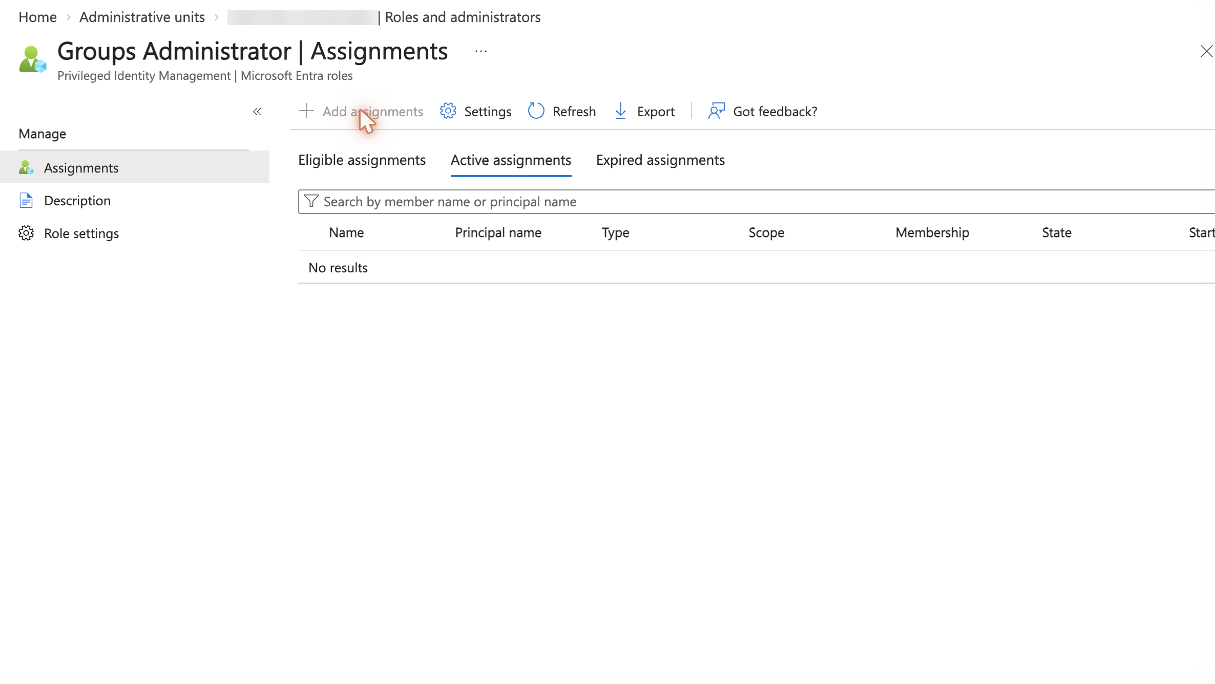 Groups Administrator assignments page scoped to the administrative unit, with the Add assignments button
