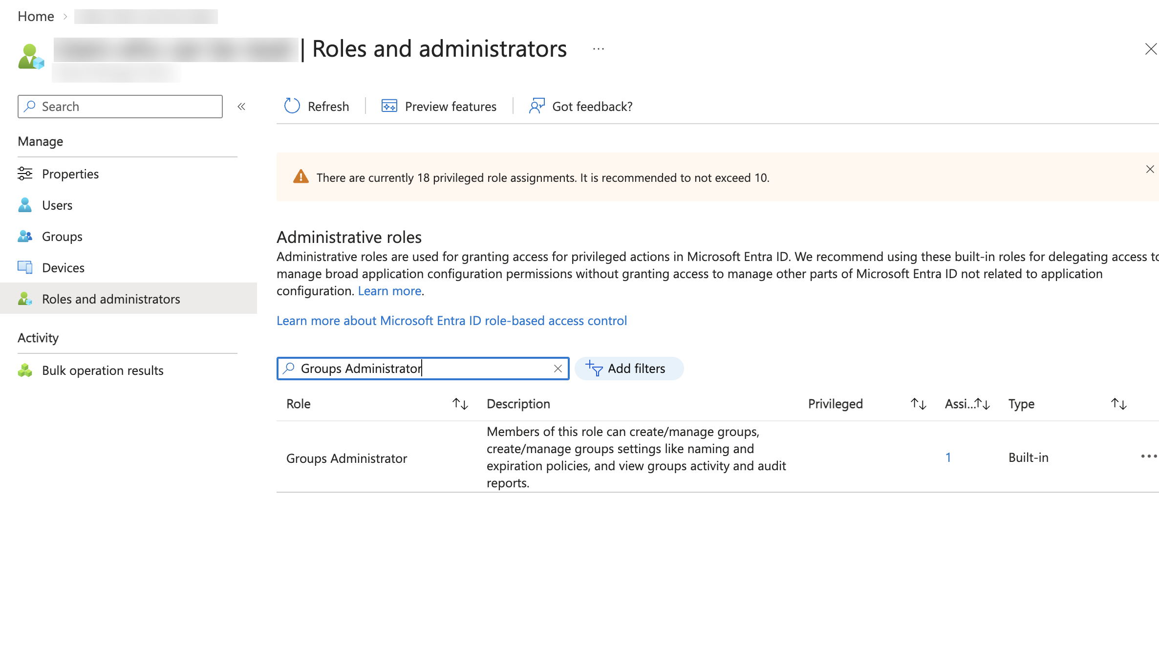 Roles and administrators page of an administrative unit, filtered to the Groups Administrator role