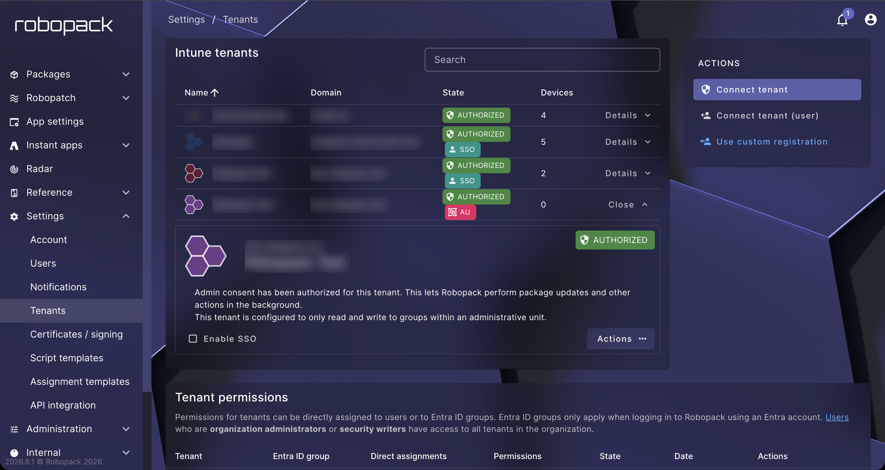 Settings, Tenants page with the Robopack Test tenant expanded, showing the AU badge and the administrative unit sentence in the tenant details