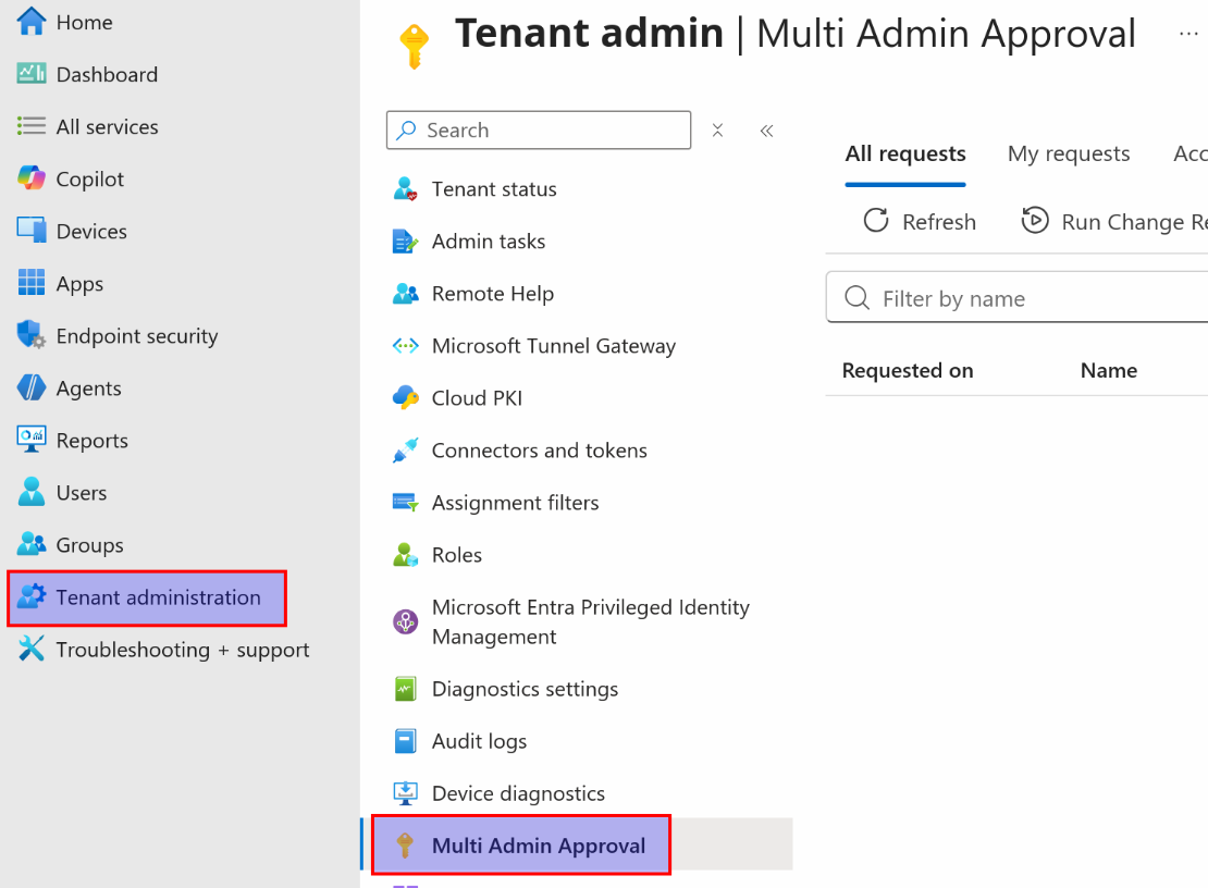 Intune Tenant administration menu with Multi Admin Approval highlighted