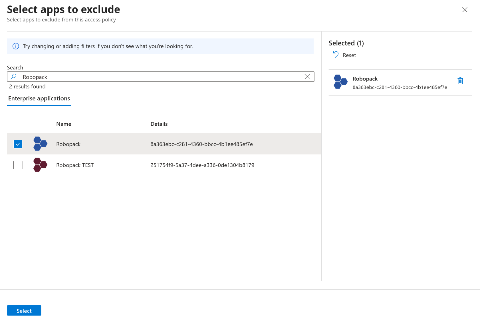 Select apps to exclude dialog with Robopack selected