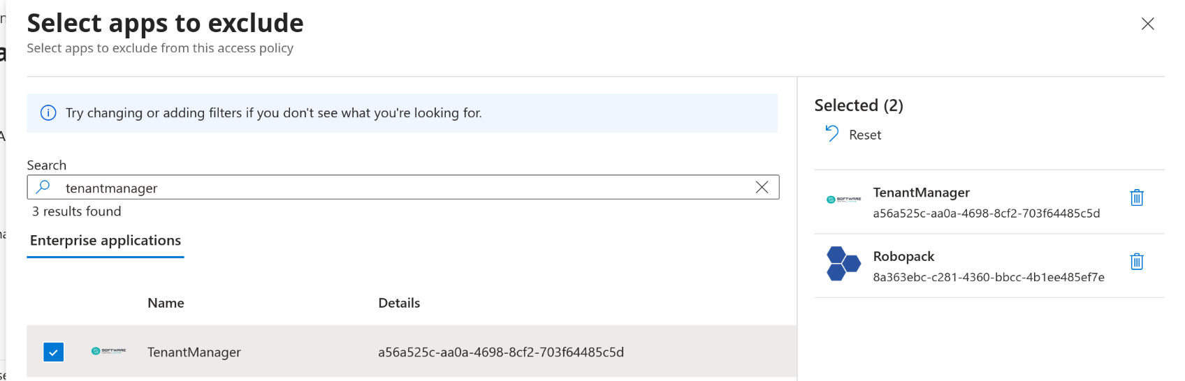 Select apps to exclude dialog with TenantManager and Robopack selected