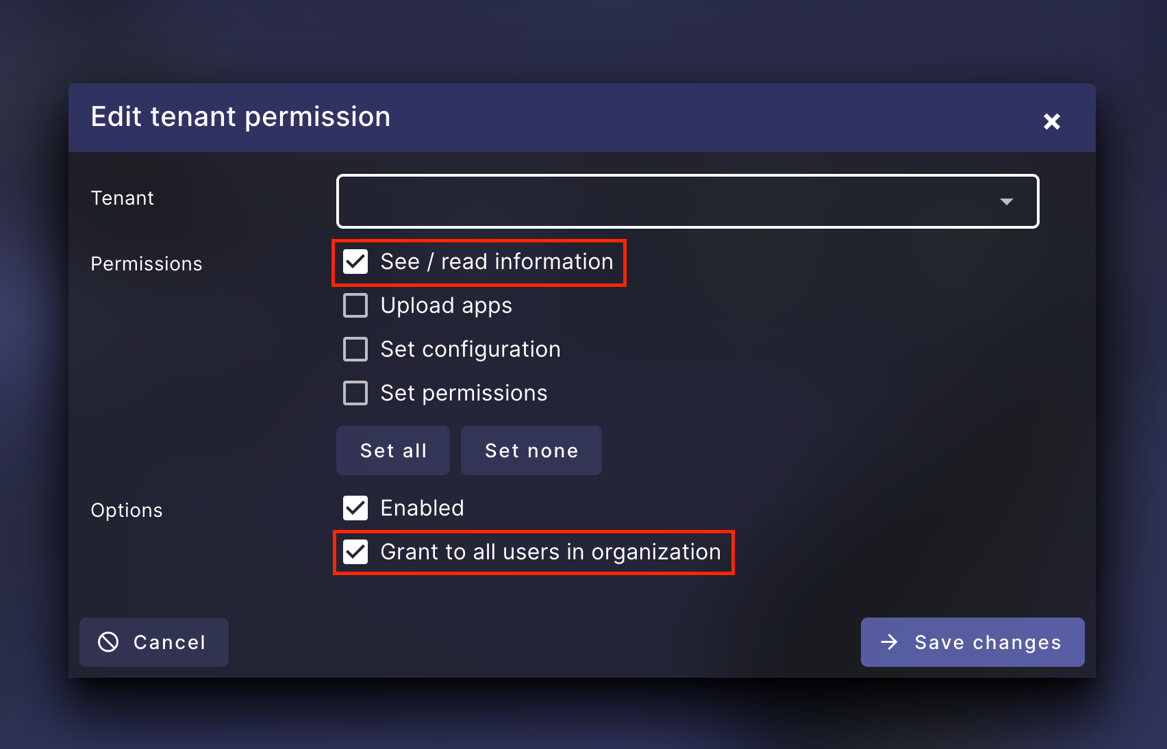 Picture showing tenant permissions with See slash read information outlined in red, and Grant to all users in organization outlined in red